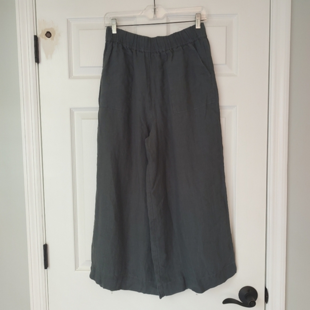 Laude The Label Organic Linen Lined Wide Leg Crop Pants Pull-On Mineral Gray M - Picture 2 of 14
